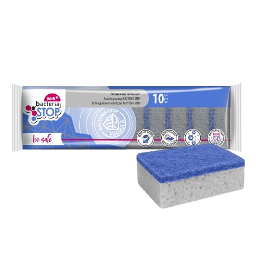 ZMYWAK KUCHENNY YORK BACTERIA STOP 10 szt. antybakteryjny z warstwą szorującą zmywaki myjki gąbki do mycia naczyń dwuwarstwowe niebiesko - szary 