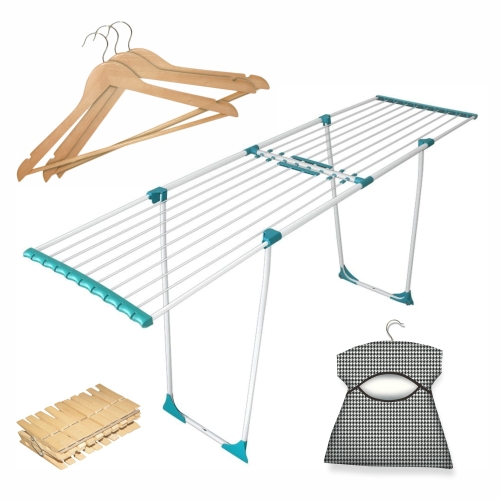 Suszarka na pranie do ubrań bielizny składana teleskopowo - Famialy Star w zestawie z 3 wieszakami, klamerkami i woreczkiem na klamerki