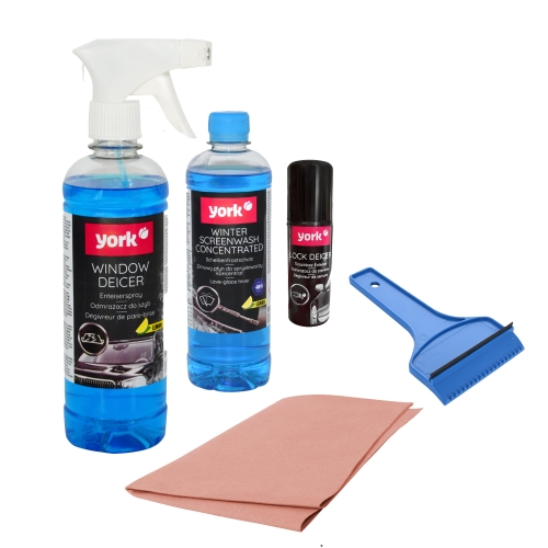 ZESTAW ZIMOWY DO AUTA YORK niezbędnik kierowcy skrobaczka do szyb samochodowych + zimowy płyn do spryskiwaczy 500 ml + odmrażacz do szyb 500 ml + odmrażacz do zamków 50 ml + ściereczka antymgielna z recyklingu