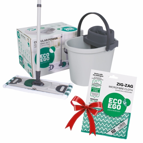 Zestaw do sprzątania CIRCULAR POWER wiadro prostokątne 13l z wyciskaczem + mop płaski z mikrofibry + trzonek skręcany 130 cm mop set do mycia podłóg ekologiczny z recyklingu ECO EGO + ściereczka ZIG ZAG do kuchni