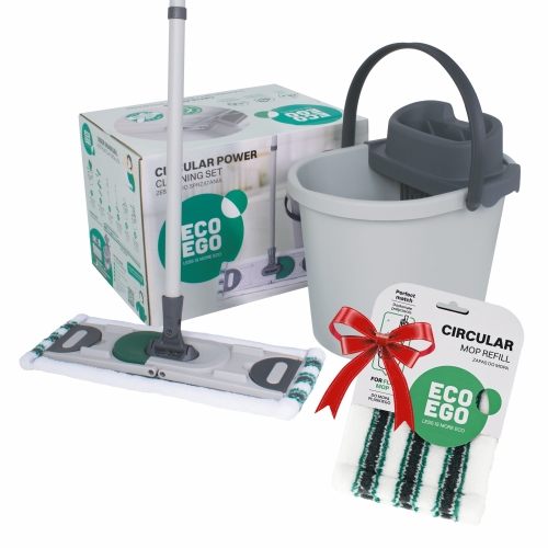 Zestaw do sprzątania CIRCULAR POWER wiadro prostokątne 13l z wyciskaczem + mop płaski z mikrofibry + trzonek skręcany 130 cm mop set do mycia podłóg ekologiczny z recyklingu ECO EGO + dodatkowy zapas gratis