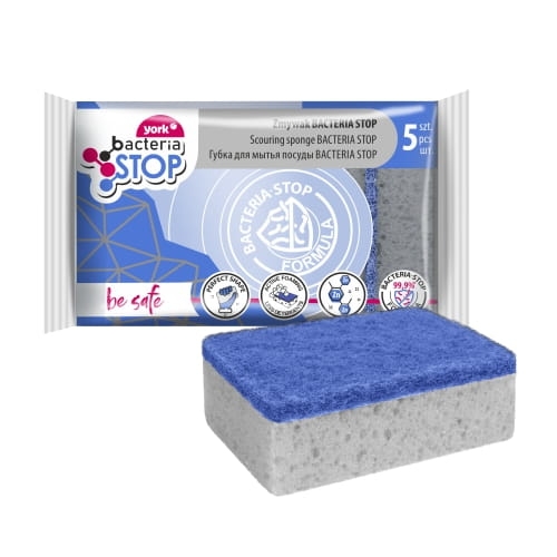 ZMYWAK KUCHENNY YORK BACTERIA STOP 5 szt. antybakteryjny z warstwą szorującą zmywaki myjki gąbki do mycia naczyń dwuwarstwowe niebiesko - szary  (1)
