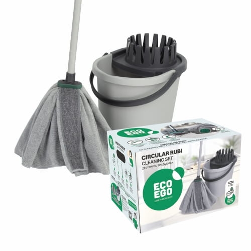Zestaw do sprzątania CIRCULAR RUBI wiadro prostokątne 13l z wyciskaczem + mop RUBI + trzonek skręcany 130 cm mop set do mycia podłóg ekologiczny z recyklingu ECO EGO
