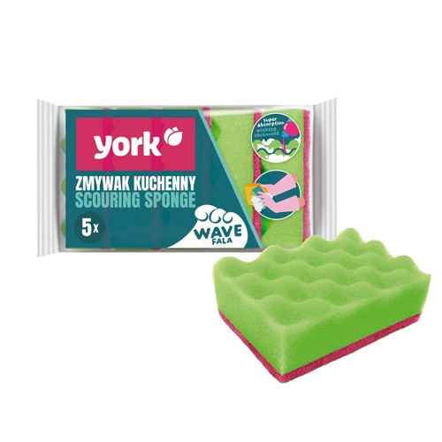ZMYWAK KUCHENNY YORK FALA 5 szt. falista struktura karbowana warstwa zmywaki myjki gąbki do mycia naczyń dwuwarstwowe zielone